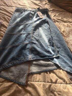Zara Light Blue Denim Midi Skirt